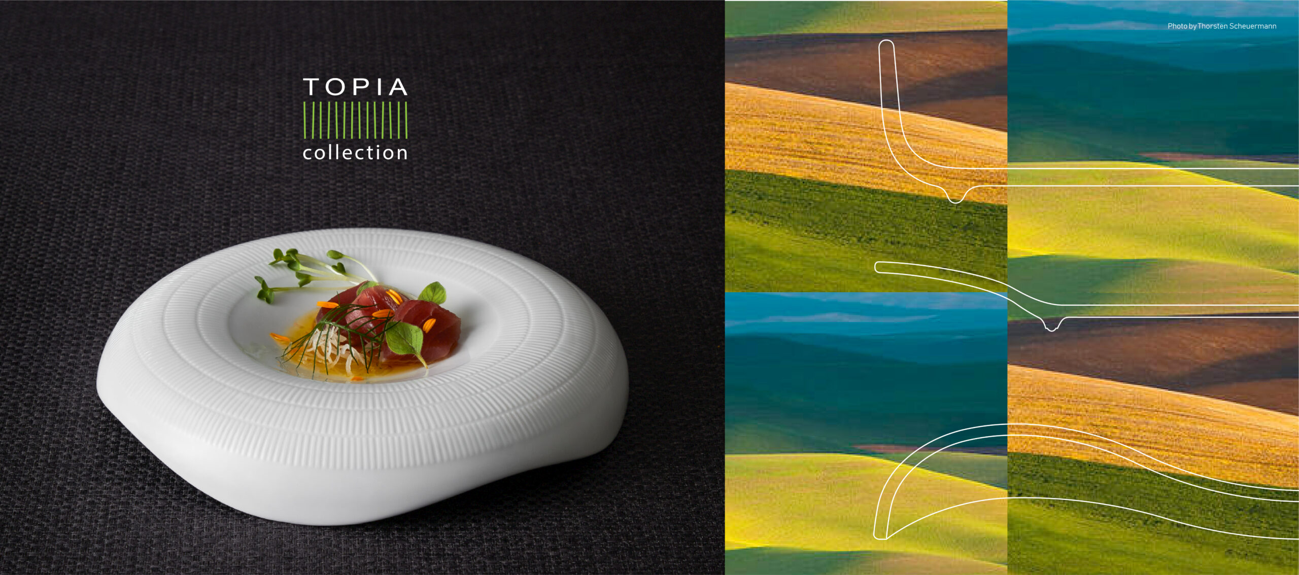 Topia porcelain collection styled for fine dining presentation