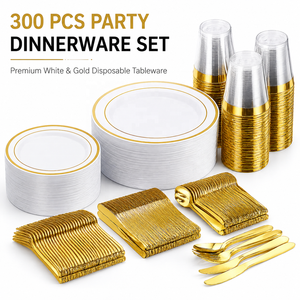 50 Guests Plastic Disposable Party Plate Serving Set Gold Rim