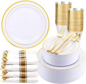 Set of Disposable Gold Rim Plastic Cutlery Silverware Dinnerware
