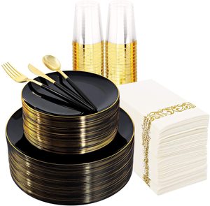 Ychon Disposable Plastic Tableware Party Set Gold Plated