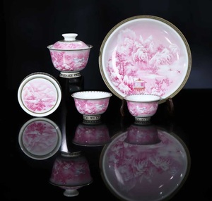 Pink-Hued Porcelain Tableware Set Hand-Painted Landscape Patterns